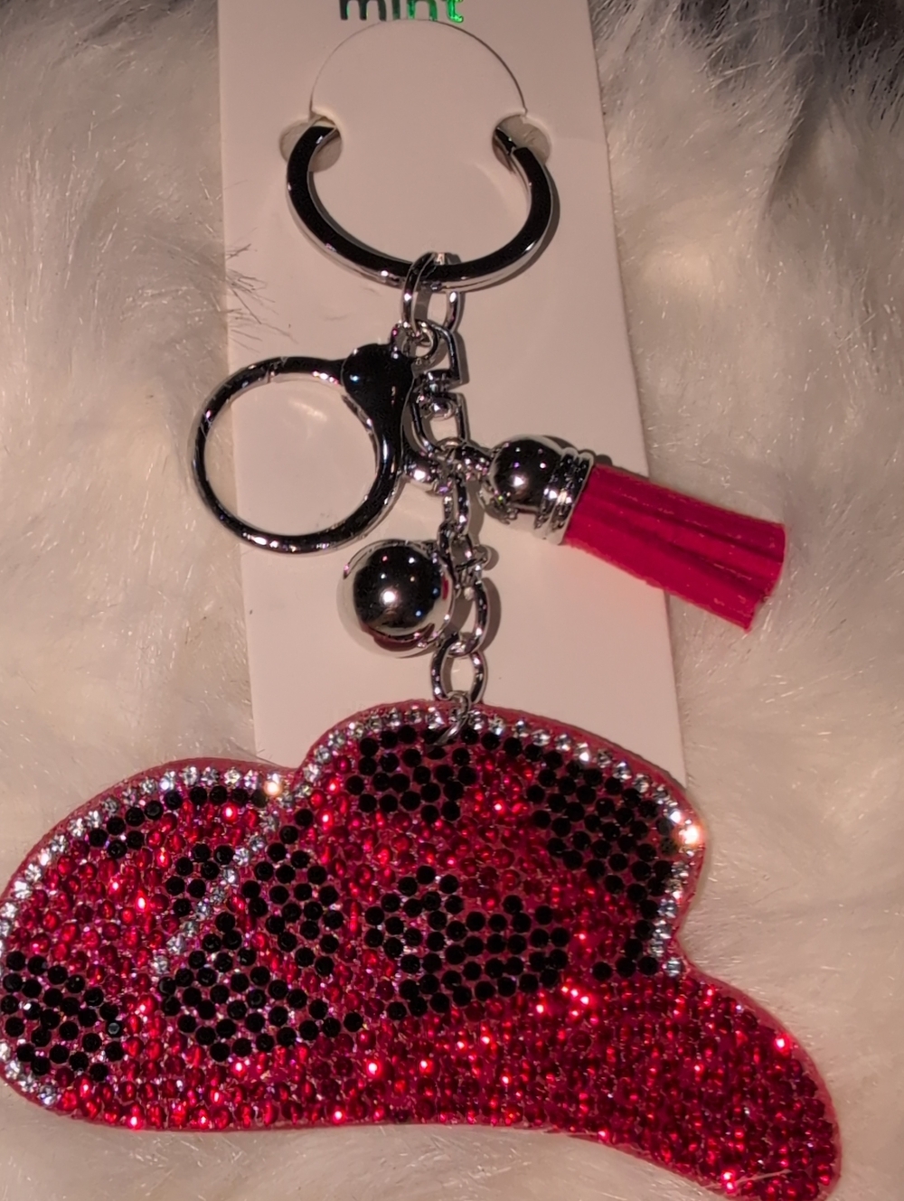 Mint Red And Black Rhinestone Cowboy Hat Keychain Bag Charm with Red Tassel